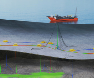 Illustration of the Johan Castberg FPSO and planned field layout